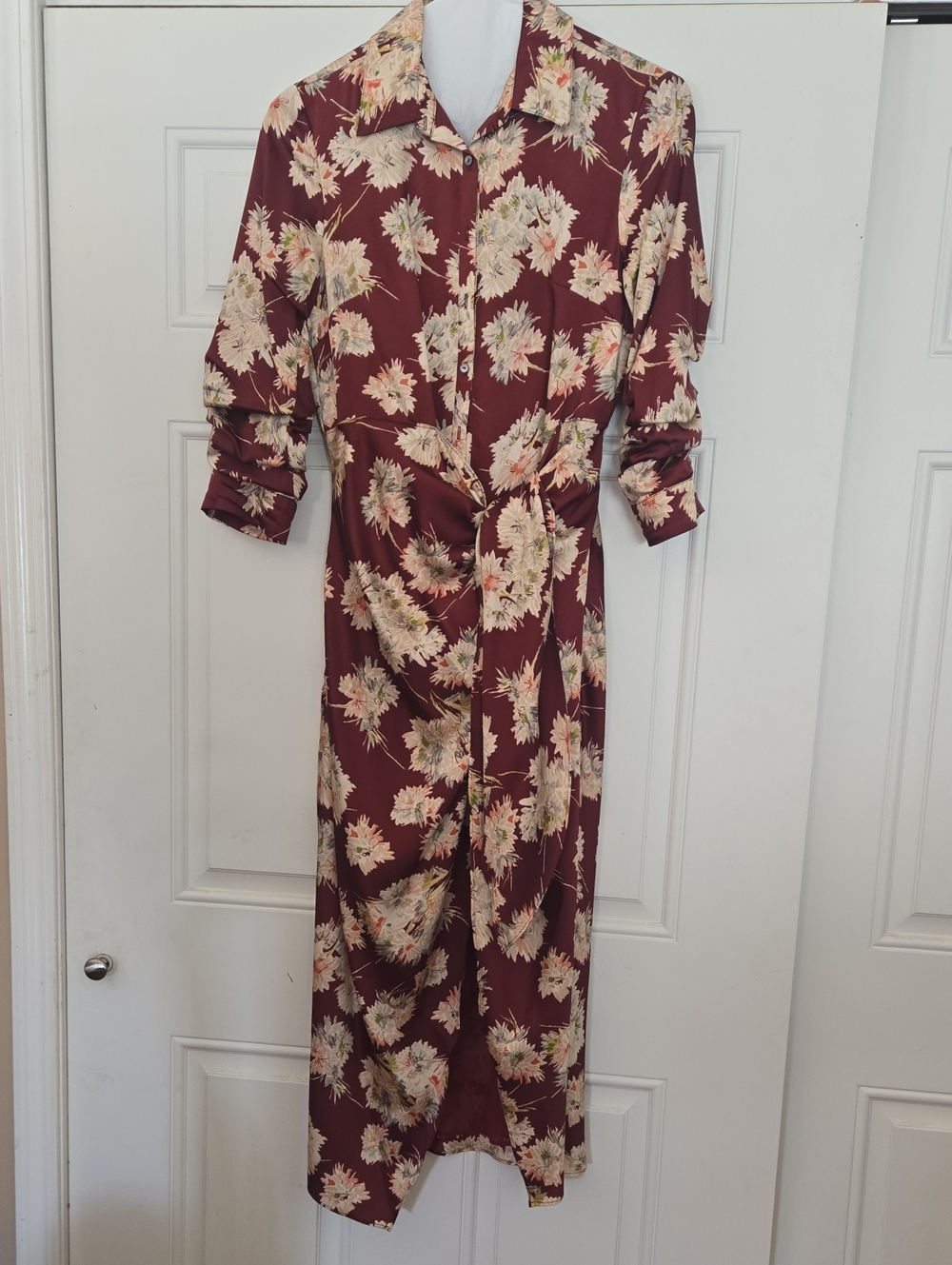 Floral Button-Front Burgundy Shirt Dress with Tie Waist